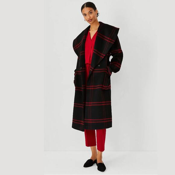 Ann Taylor Wool Blend Plaid Long Coat | Double Breasted Black Gray Red NWOT $300 - Picture 4 of 14